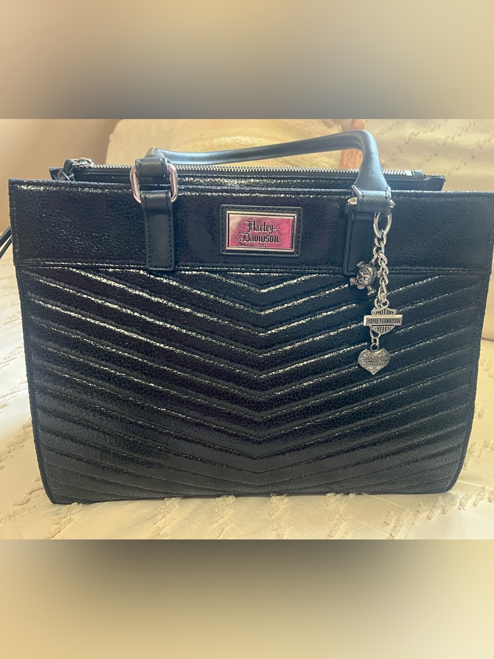 Harley-Davidson Black Quilted Chevron Satchel with Charm Accents
